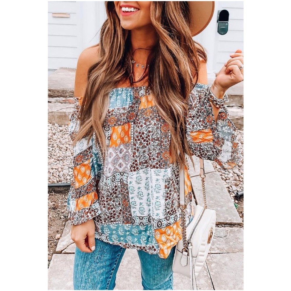 Bellanblue Multicolor Patchwork Off-Shoulder Blou… - image 1